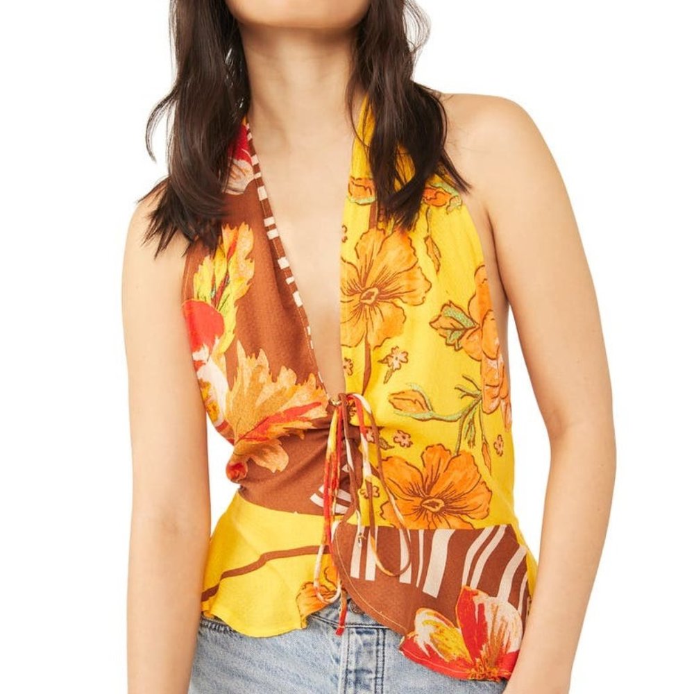 NWT Free People Hot Tropics Tank Mango Combo Orange Yellow Floral Pattern Sz XL